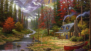 man fishing on body of water with red boat nearby and house painting, painting, cottage, canoes, river