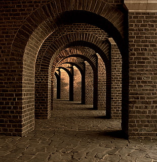 brown brick wall hall way