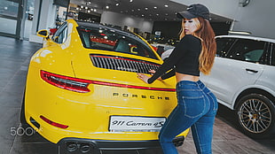 yellow Porsche 911 Carrera 4S coupe, women, Anton Harisov, Porsche, jeans