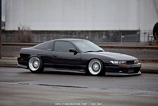 black coupe with text overlay, Nissan, drift, tuning, car