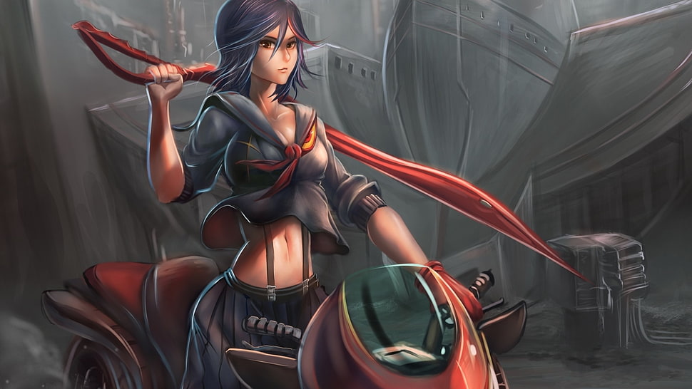 red and black leather motorcycle saddle, Kill la Kill, Matoi Ryuuko, scissors, motorcycle HD wallpaper