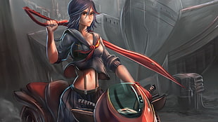 red and black leather motorcycle saddle, Kill la Kill, Matoi Ryuuko, scissors, motorcycle