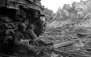men's black hard hat, World War II, tommy gun, tank, monochrome