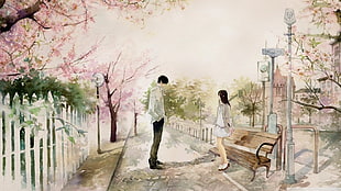 painting of man and woman under cherry blossom tree, anime