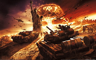 battle tanks near Statue of Liberty digital wallpaper HD wallpaper