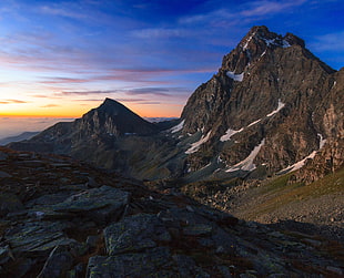 landscape photo of mountain range at sunrise HD wallpaper