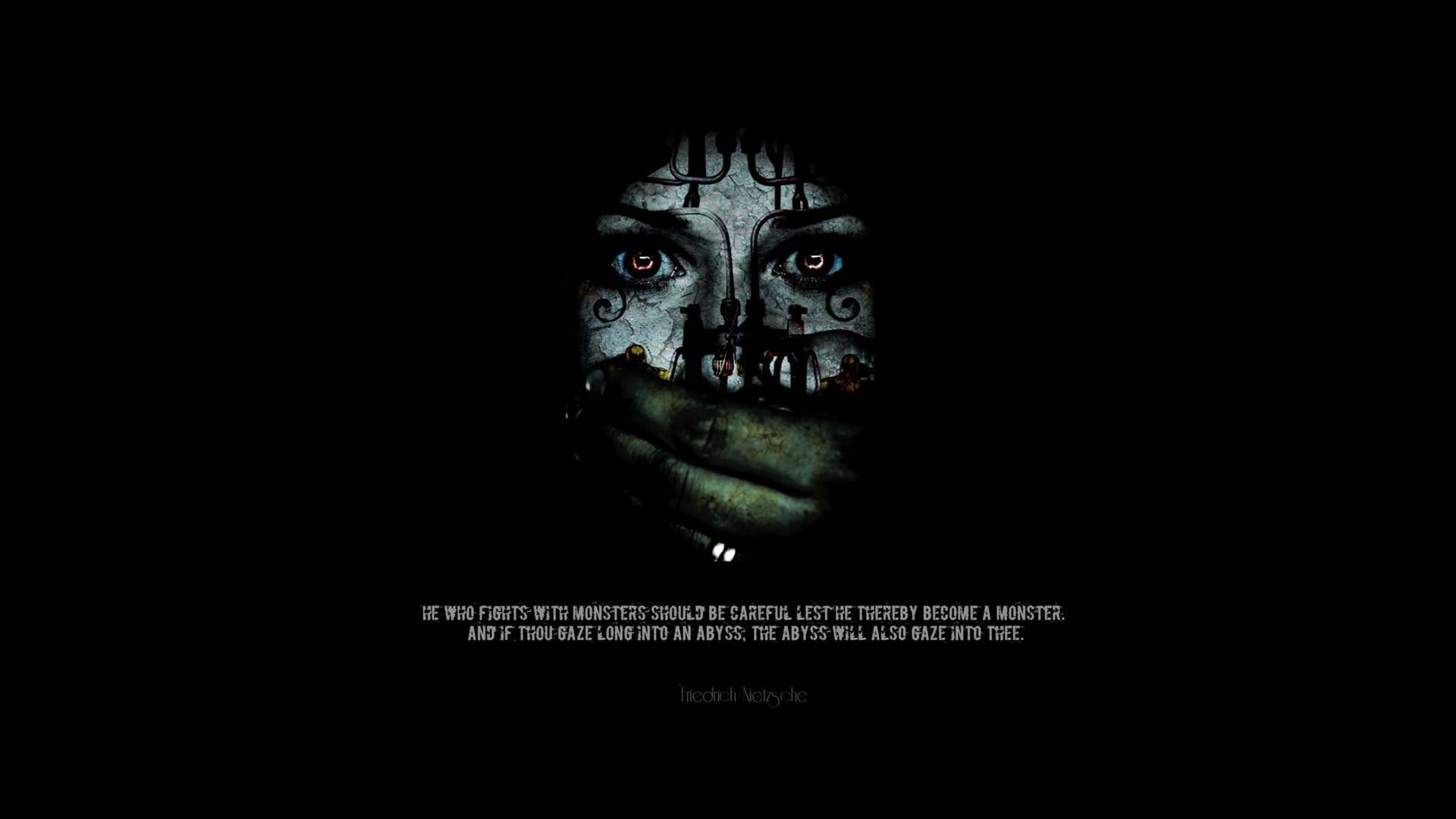 horror movie poster, text, quote, Friedrich Nietzsche