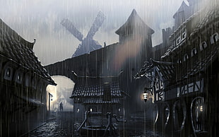 black tavern painting, rain, village, building, fantasy art