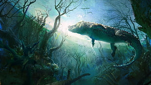 gray crocodile under water HD wallpaper