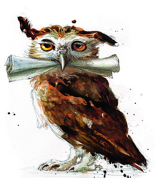 brown owl painting, digital art, fantasy art, portrait display, paper