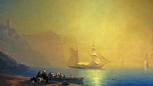 sailing ship near shore painting, artwork, painting, classical art, water