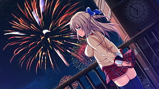 woman wearing school uniform standing next to ledge with fireworks