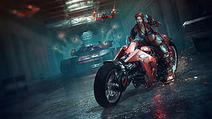 woman riding motorcycle video game digital wallpaper