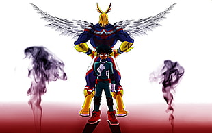 male animated character standing in front of winged character digital poster
