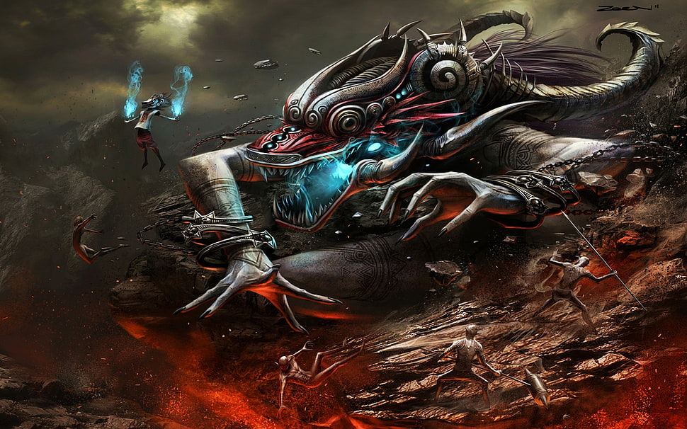 dragon-headed person digital wallpaper, fantasy art HD wallpaper