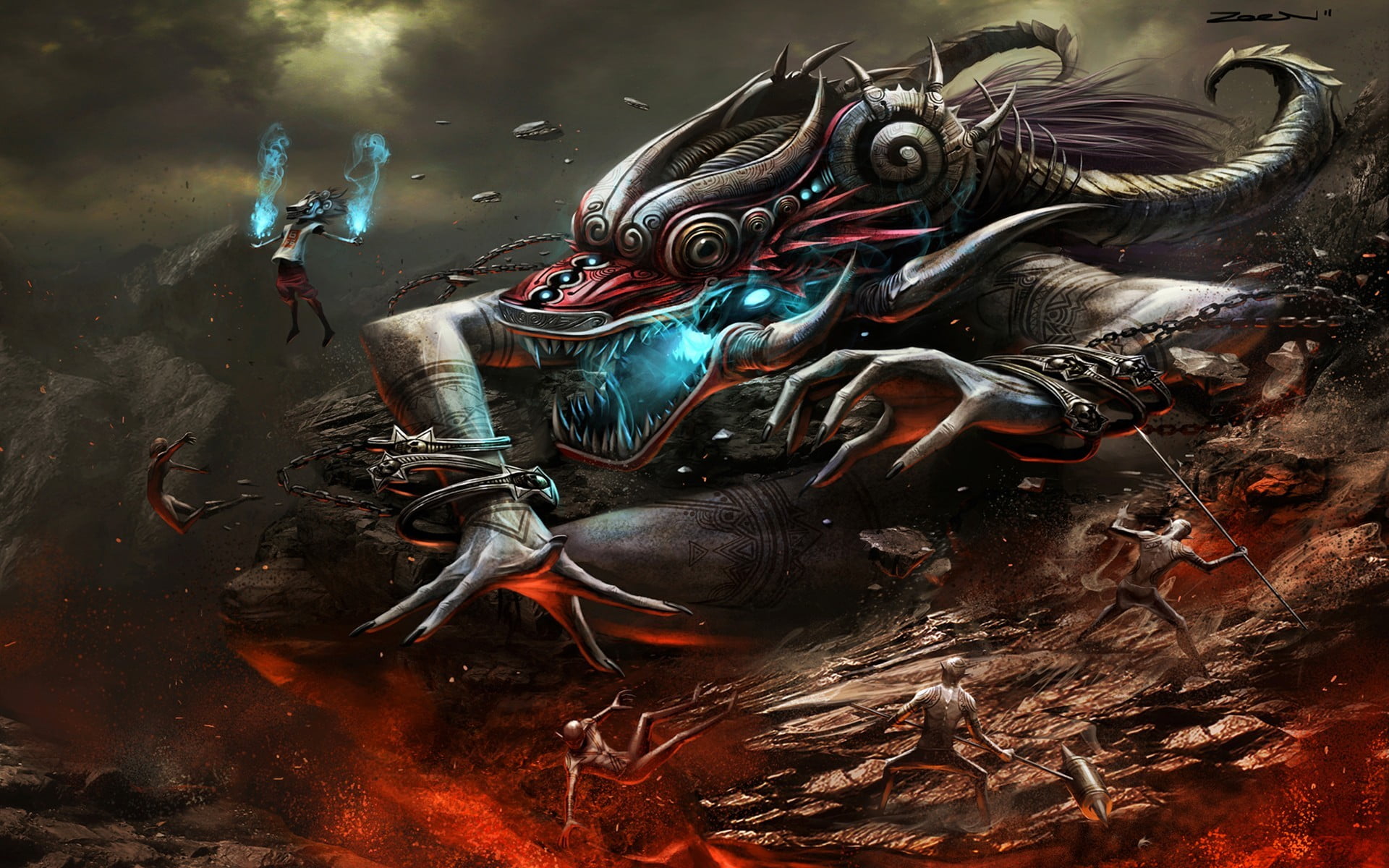 dragon-headed person digital wallpaper, fantasy art
