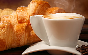 creamy coffee beside croissant HD wallpaper