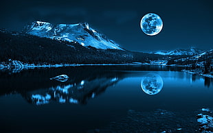 landscape photo of river and forest during full moon, Moon, lake, sky, night