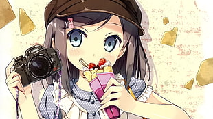 black-haired female anime character holding camera digital wallpaper, Hentai Ouji to Warawanai Neko