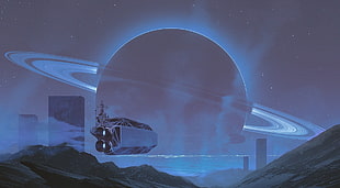 planet with rings painting, science fiction, artwork