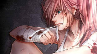 pink hair girl anime illustration, blood, redhead, bandage, blue eyes