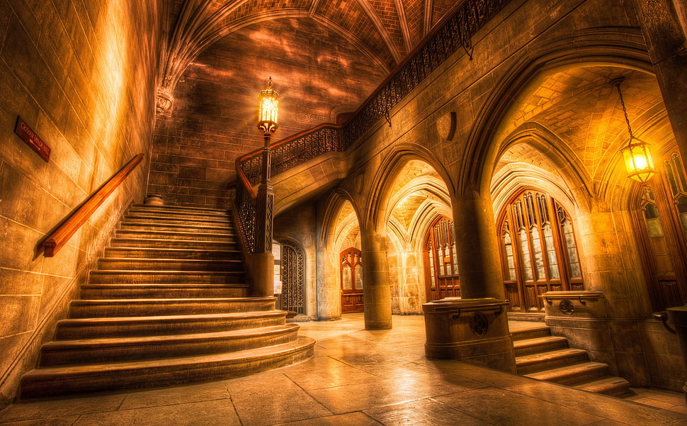 mansion interior painting, architecture, interior, staircase, HDR HD wallpaper