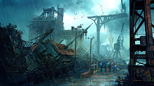 photo of metal truss with ruined buildings, futuristic, artwork, apocalyptic