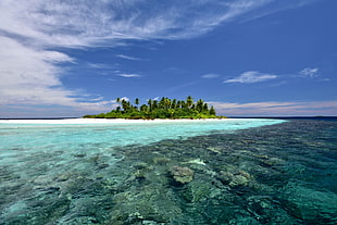 island under blue sky HD wallpaper
