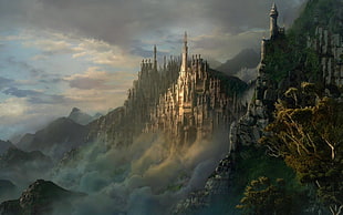 castle on mountain painting, concept art, artwork, castle