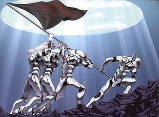 four white robots holding flag digital wallpaper, Neon Genesis Evangelion, Seele, flag, anime