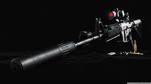 black rifle with scope, gun, suppressors, ammunition, weapon