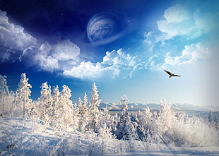 artwork of snow field, winter, space art, landscape, nature