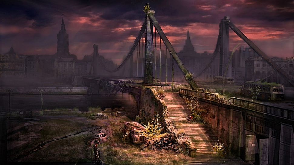 gray concrete bridge digital wallpaper, artwork, apocalyptic, destruction, video games HD wallpaper