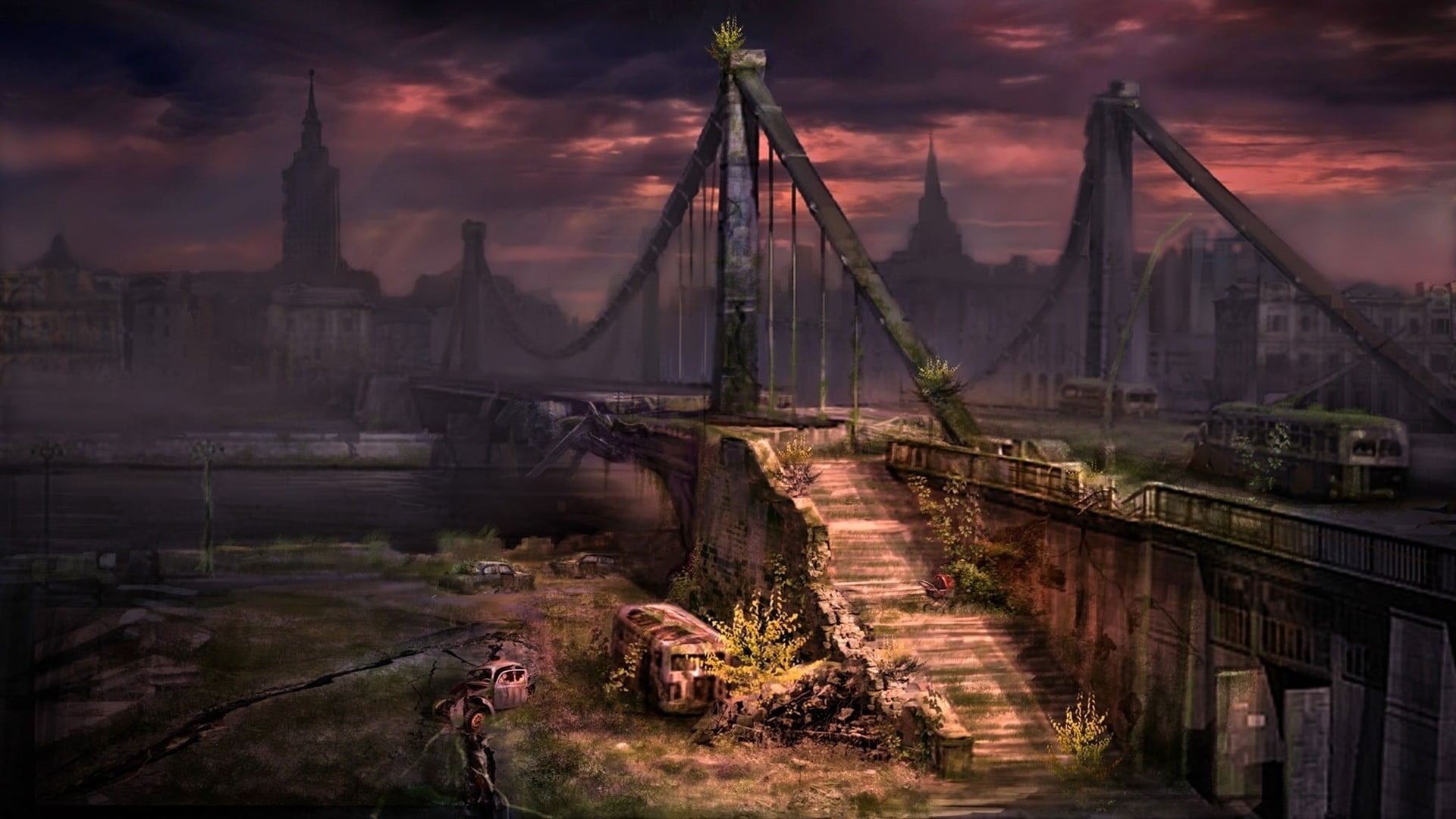 gray concrete bridge digital wallpaper, artwork, apocalyptic, destruction, video games