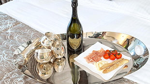 Champagne bottle,  Glasses,  Food