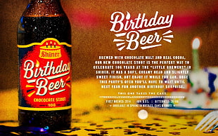 birthday beer bottle with text overlay, beer, Shiner, chocolate, happy birthday