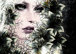 illustration of woman in between flowers HD wallpaper