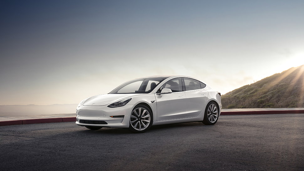 white sedan concept on asphalt road HD wallpaper