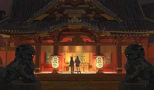 two people praying in front of shrine digital wallpaper, artwork