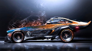 black and brown coupe, artwork, digital art, car, smoke