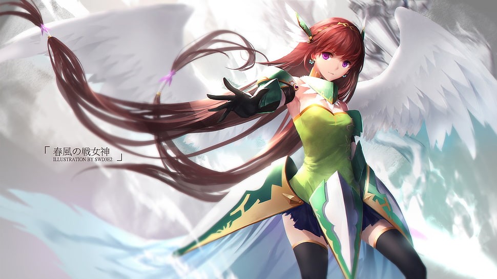 red haired female anime character in green dress with white wings HD wallpaper