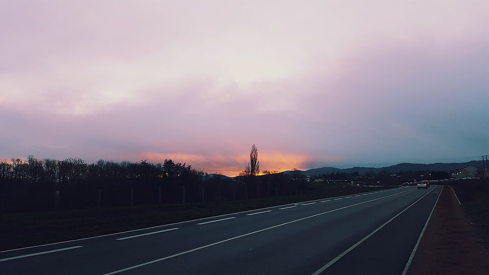 gray asphalt road, landscape, sunset, sky, clouds HD wallpaper