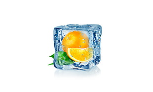 orange fruit ice cube decor, minimalism, white background, fruit, digital art