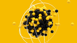 yellow and black balls, simple background, bright, digital art, balls