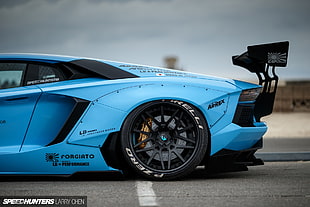 blue Lamborghini Gallardo with text overlay, car, Lamborghini, Lamborghini Aventador, LB Works