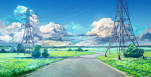 road anime digital wallpaper, power lines, clouds, blue, green