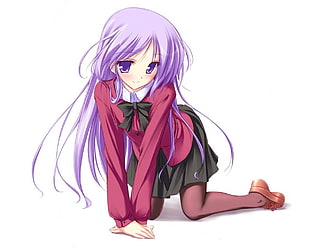 girl with purple long hair wearing red and black school uniform anime character graphic art