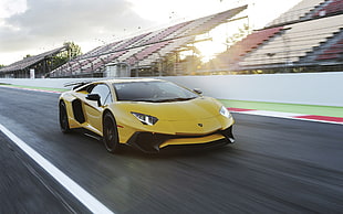 yellow Lamborghini Aventador coupe, Lamborghini Aventador LP750-4 SV, car, race tracks, motion blur