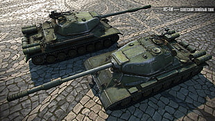 two green battle tanks illustration with text oerlay, World of Tanks, tank, wargaming, video games