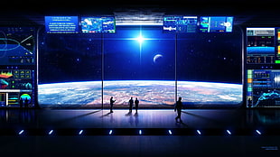 people standing near window with Earth display, space, science fiction